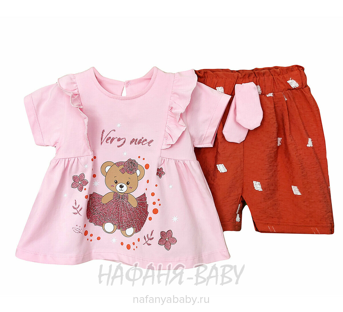 Детский костюм (платье - туника + шорты) BEARS арт. 10080, от 6 до 24 мес, цвет розовый, оптом Турция