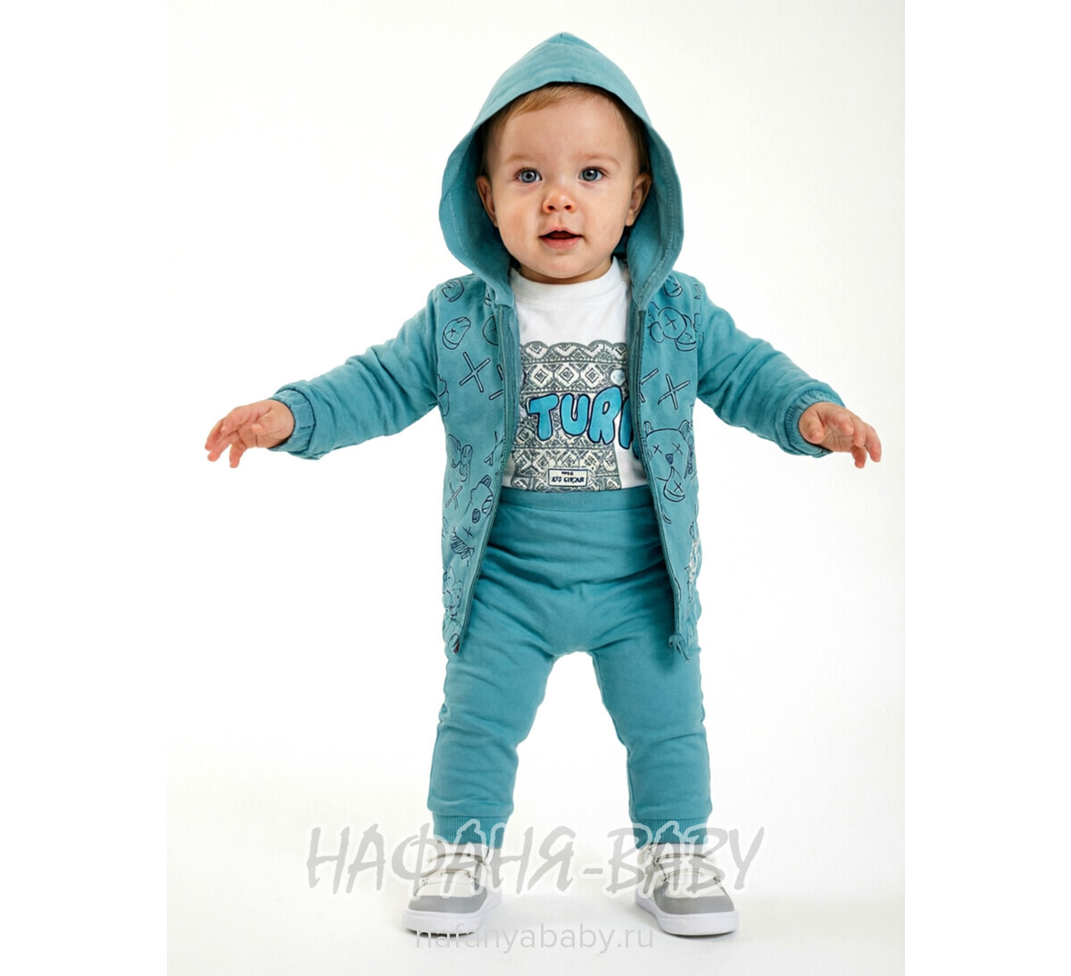 Детский костюм 3 в1 Happy Baby арт. 12021 от 6 до 18 мес, цвет дымчатый хаки, оптом Турция