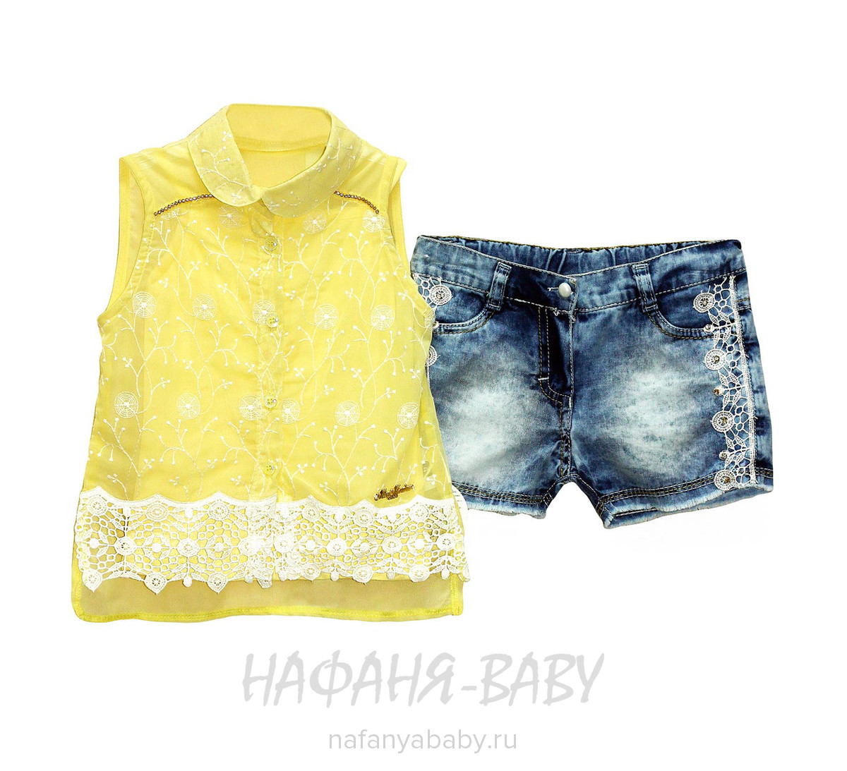 Детский комплект (блузка+майка+джинсовые шорты) MISS MARINE арт: 0527, 5-9 лет, 1-4 года, цвет желтый с синим, оптом Турция